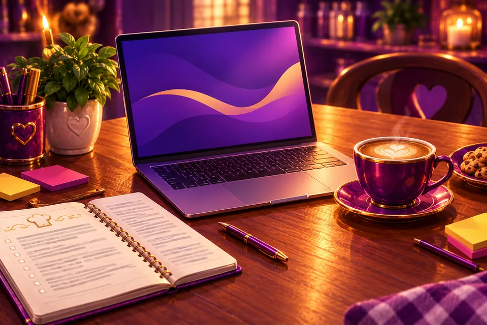 Keukentafel met laptop, receptenschrift en een kop koffie