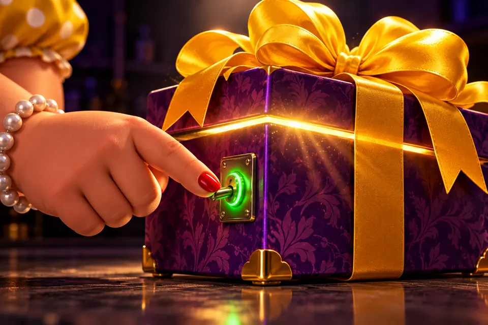 Hand zet een schakelaar op een cadeaudoos aan