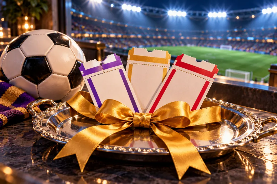 Drie voetbalkaartjes op een dienblad met een gouden strik