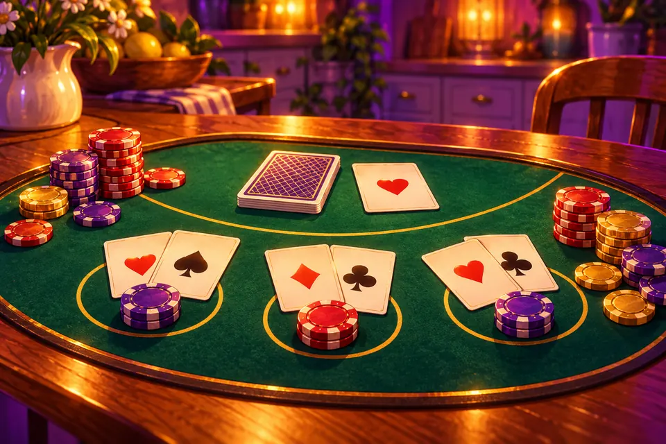 Blackjacktafel met kaarten en fiches