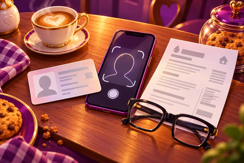 Identiteitsbewijs, telefoon met selfiekader en een rekening op de keukentafel