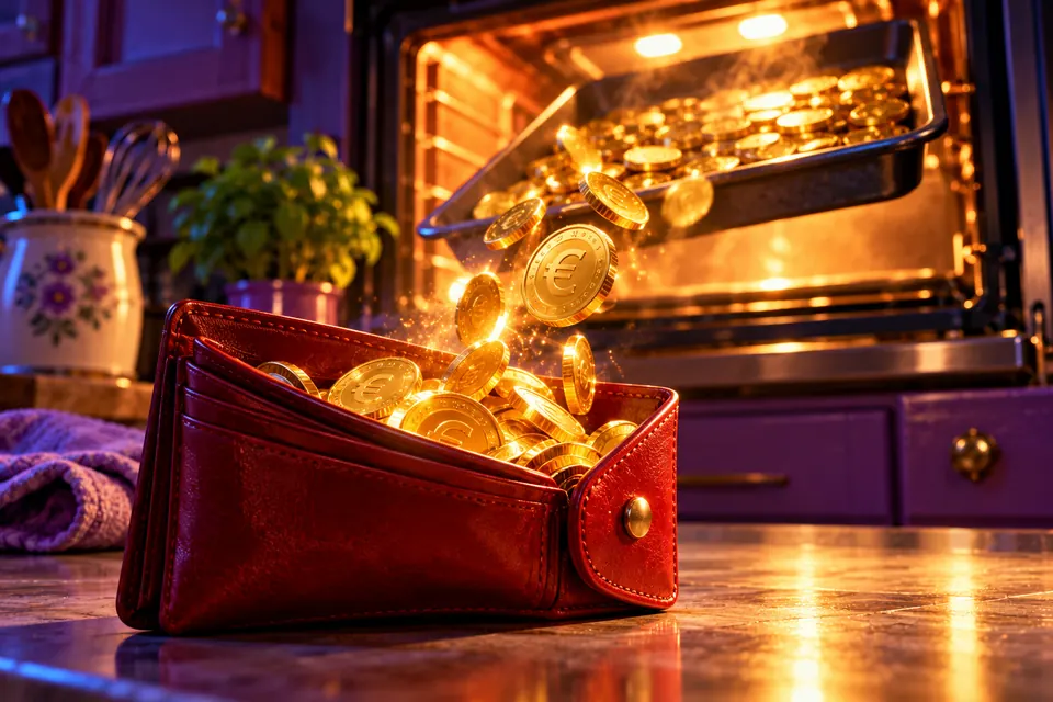 Bakplaat met munten schuift uit de oven, munten vallen in een portemonnee