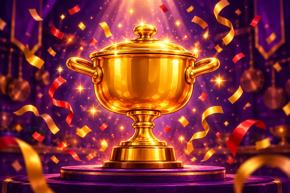 Gouden trofee in de vorm van een pan met confetti
