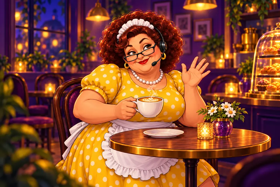 Mama met koptelefoon aan een cafétafeltje