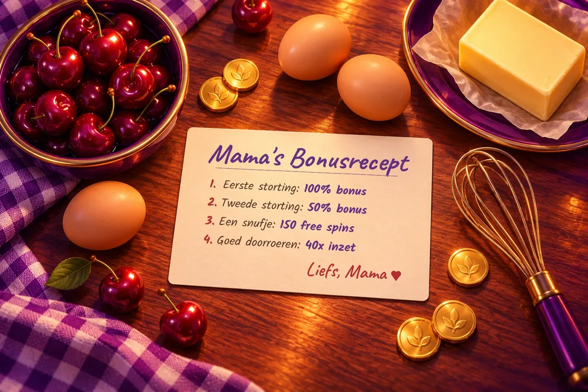 Receptkaart van Mama met eieren, boter, kersen en munten